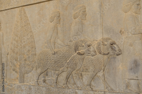 beautiful relief of people carrying gifts to the ancient ruins of Persepolis (Iran)