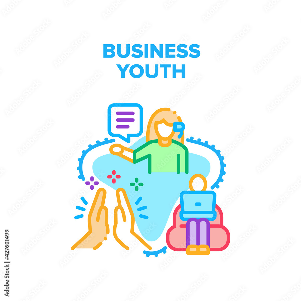 Business Youth Vector Icon Concept. Business Youth Employee Sitting In Chair And Working With Laptop, Woman Greeting Workers. New Businesswoman Work In Young Collective Color Illustration