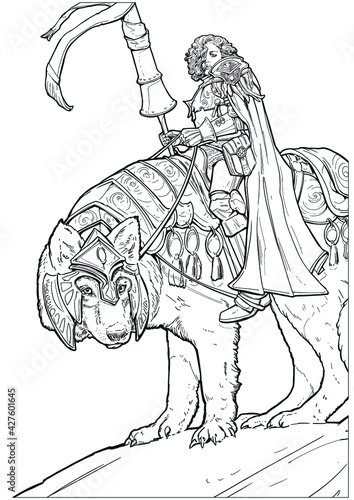 A line drawing of a female knight in plate armor with a huge lance and curly hair sits astride a huge armored wolf that looks curiously at the viewer. 2d illustration