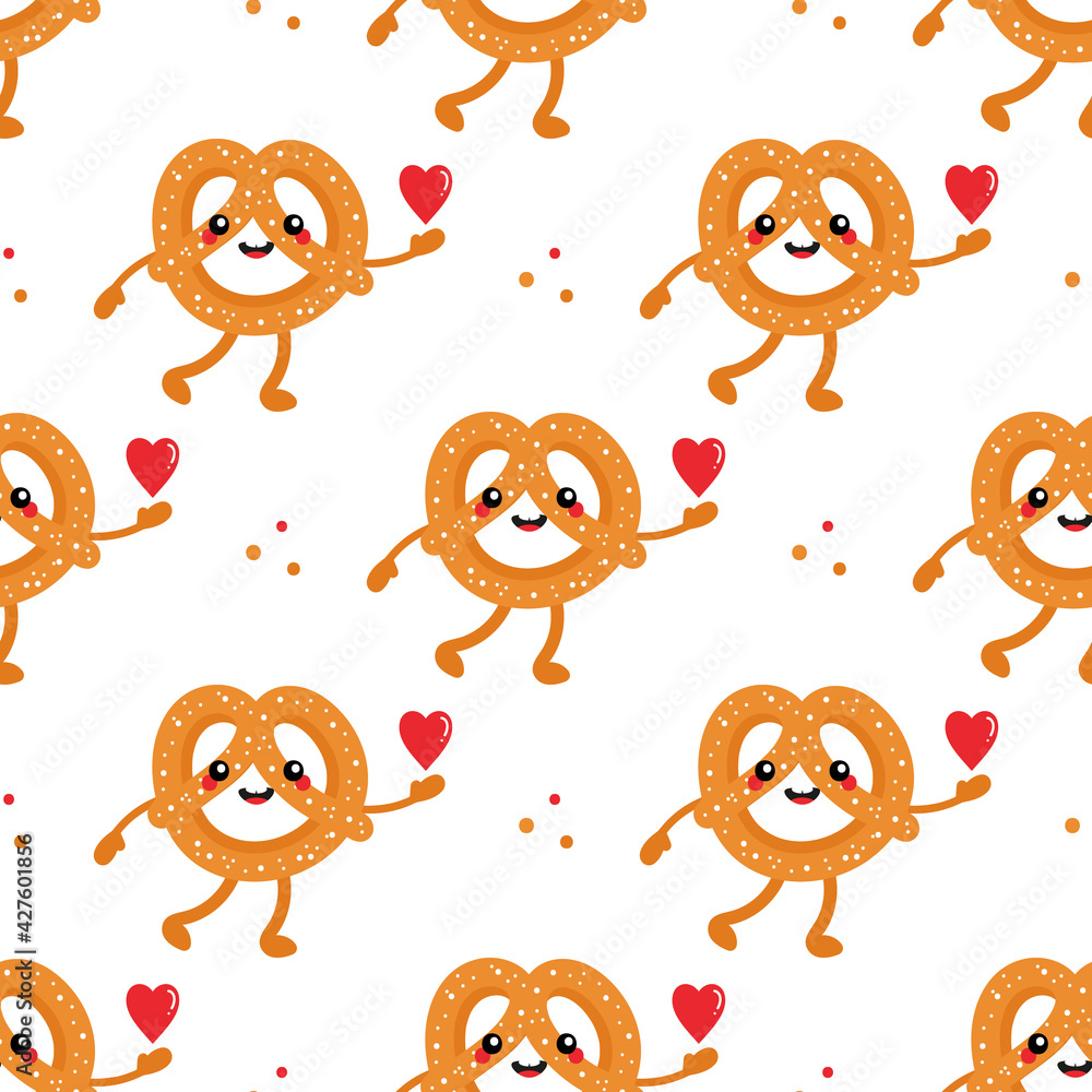 Cute cartoon style smiling pretzel, knot-shaped baked pastry character holding red heart vector seamless pattern background.
