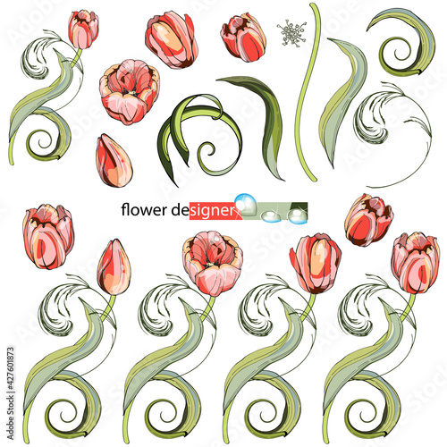 Flower designer. Pink tulips.Many different beautiful petals and blades of grass. Twisted into an ornament. A set of elements. To create your own design. A game with an application.Isolated