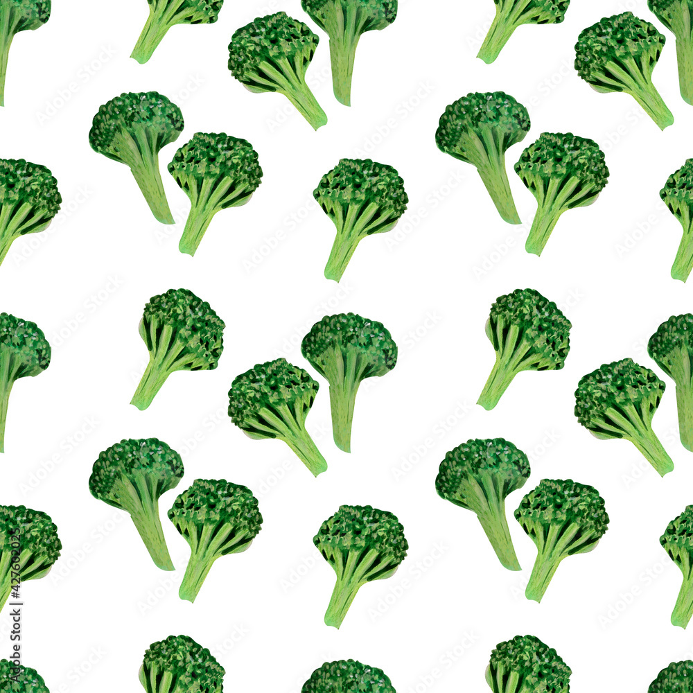 Gouache hand drawn pattern witn green broccoli. Seamless vitamin print. Gouache hand drawn pattern witn green broccoli. Seamless vitamin print.