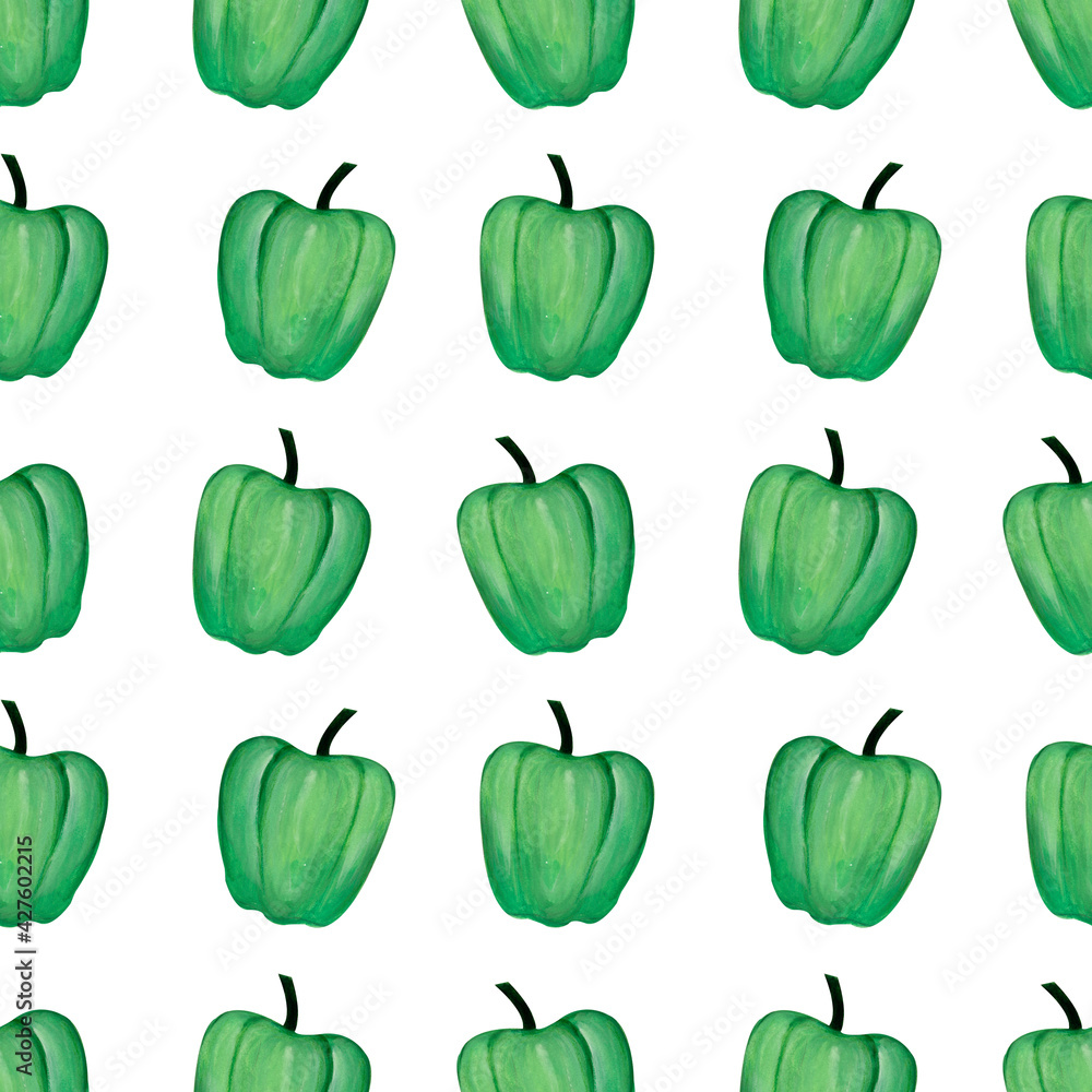 Gouache hand-drawn green Pattern with Pepper on a white background. Seamless print. Gouache hand-drawn green Pattern with Pepper on a white background. Seamless print.