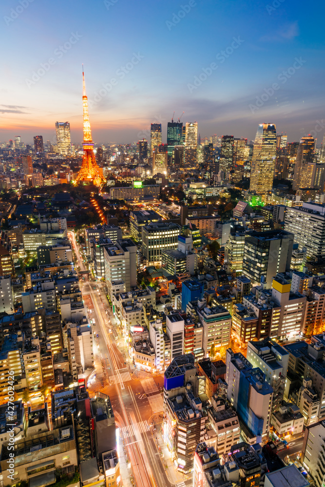 Tokyo Tower at night. Tokyo aerial cityscape view at night. Tokyo Tower at night. Tokyo aerial cityscape view at night.