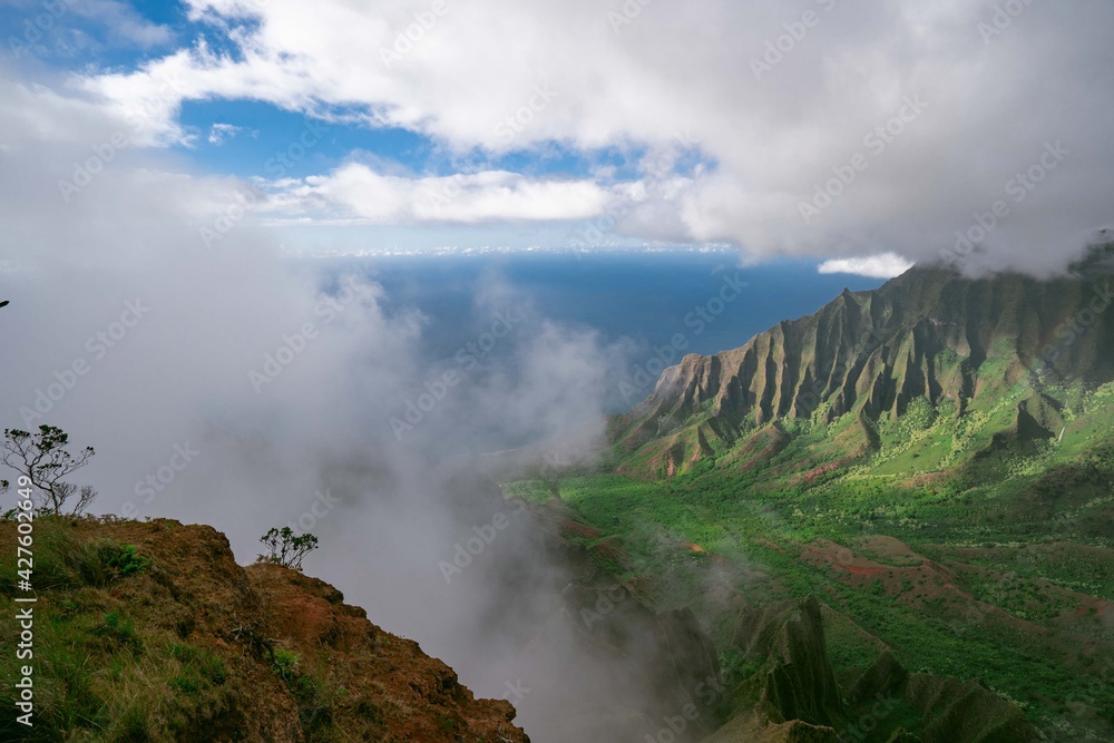 Amazing view of Kalalau Valley and beautiful Na Pali coast, Kauai island, Hawaii. Nature travel landscape.
