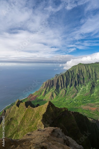 Amazing view of Kalalau Valley and beautiful Na Pali coast, Kauai island, Hawaii. Nature travel landscape.
