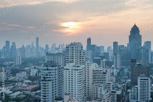 Bangkok Cityscape Business Administrative center view from rooftop during sunset. Picture taken on Feb 28, 2021 © minghaiyang