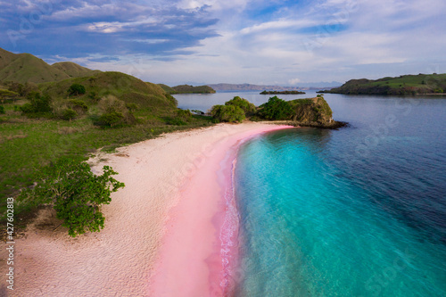 Beautiful pink sand beach. Amazing dreamy beach. Lombok, Indonesia, Komodo, Bahamas, Greece, Sardinia. photo