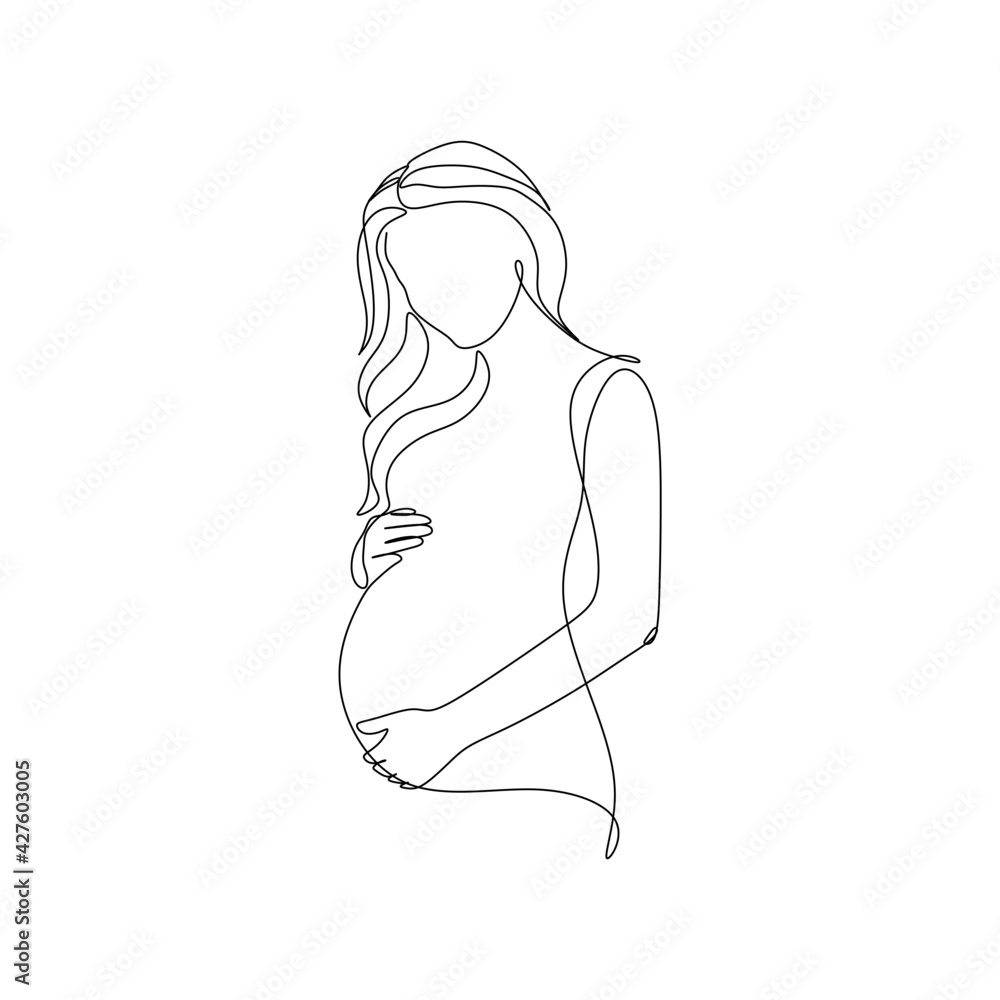 Pregnant woman one line drawing on white isolated background. Vector illustration