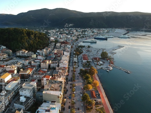 Aerial shot igoumenitsa city in evening . greece, epirus