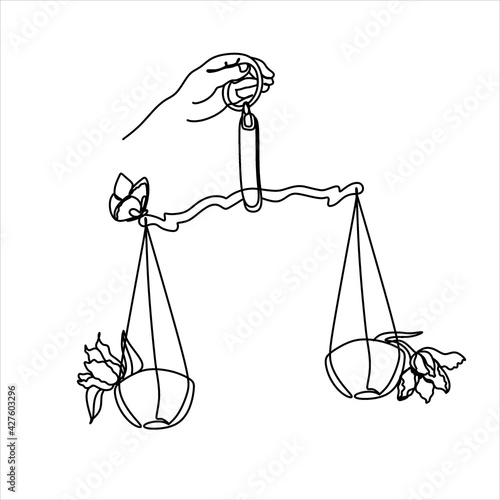 Libra horoscope sign line art, hand holding scales with flowers, zodiac sign