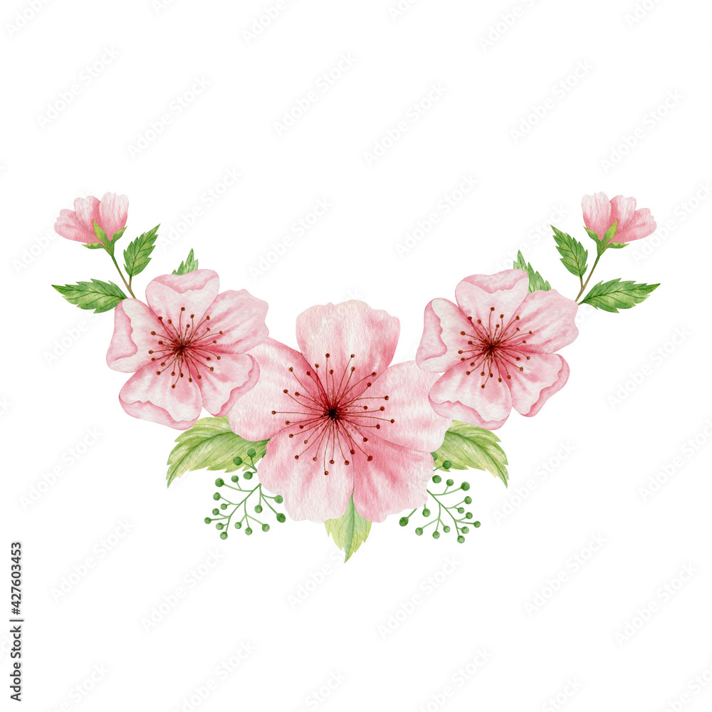 Watercolor bouquet of blooming cherry isolated on white background. Design of congratulations, invitations, weddings, parties. Sakura compositions.
Watercolor bouquet of blooming cherry isolated on white background. Design of congratulations, invitations, weddings, parties. Sakura compositions.