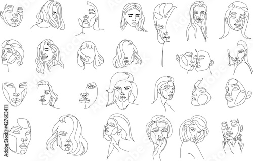 Wallpaper Mural Continuous line, drawing of set faces and hairstyle, fashion concept, woman beauty minimalist, vector illustration for t-shirt, slogan design print graphics style Torontodigital.ca