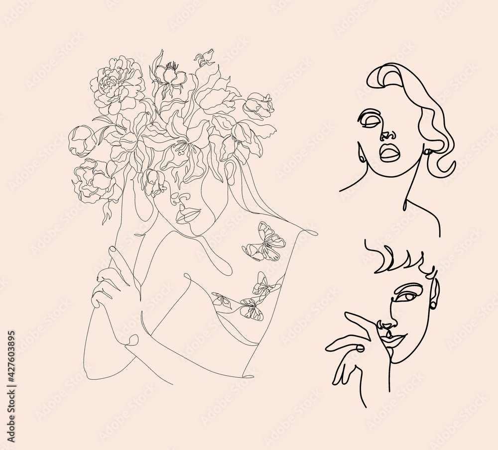 Abstract face with flowers by one line drawing. Portrait minimalistic style. Botanical print. Nature symbol of cosmetics. Modern continuous line art. Fashion print. Canvas Print Abstract face with flowers by one line drawing. Portrait minimalistic style. Botanical print. Nature symbol of cosmetics. Modern continuous line art. Fashion print. Canvas Print