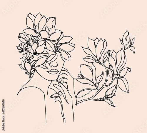 Abstract face with flowers by one line drawing. Portrait minimalistic style. Botanical print. Nature symbol of cosmetics. Modern continuous line art. Fashion print. Canvas Print