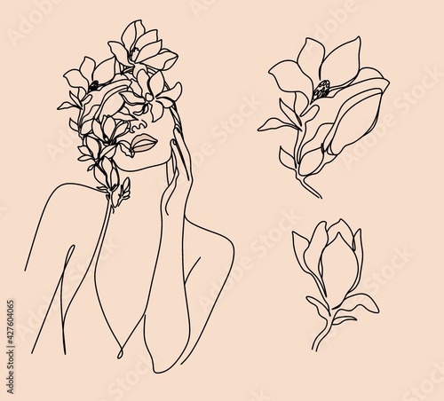 Abstract face with flowers by one line drawing. Portrait minimalistic style. Botanical print. Nature symbol of cosmetics. Modern continuous line art. Fashion print. Canvas Print