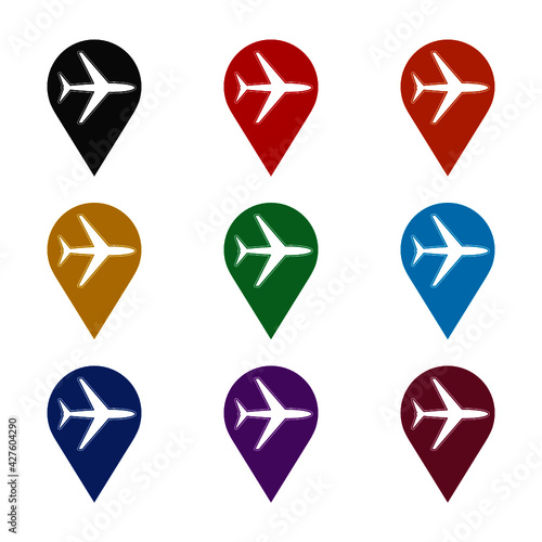 Airplane map pin icon isolated on white background color set Free Download Airplane map pin icon isolated on white background color set - GFXLoad