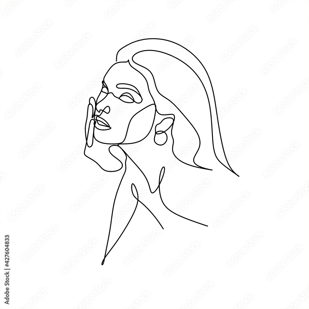 Abstract portrait of young pretty woman. Continuous one line drawing isolated on white. Vector illustration in simple modern style. Abstract portrait of young pretty woman. Continuous one line drawing isolated on white. Vector illustration in simple modern style.