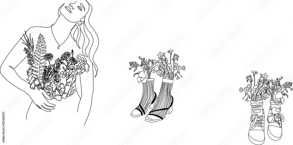 Obraz premium Set of Abstract minimalistic female portrait. Vector fashion illustration in a trendy linear style. Elegant art. For posters, tattoos, logos