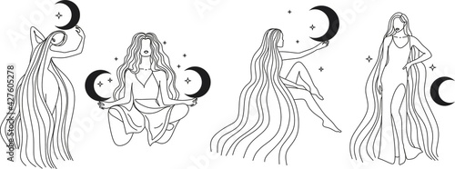 Contour of woman in yoga pose for meditation in mountains with moon and sun. Modern minimalist mystical astrology aesthetic illustration with Motivational quote for poster. Beautiful poster.