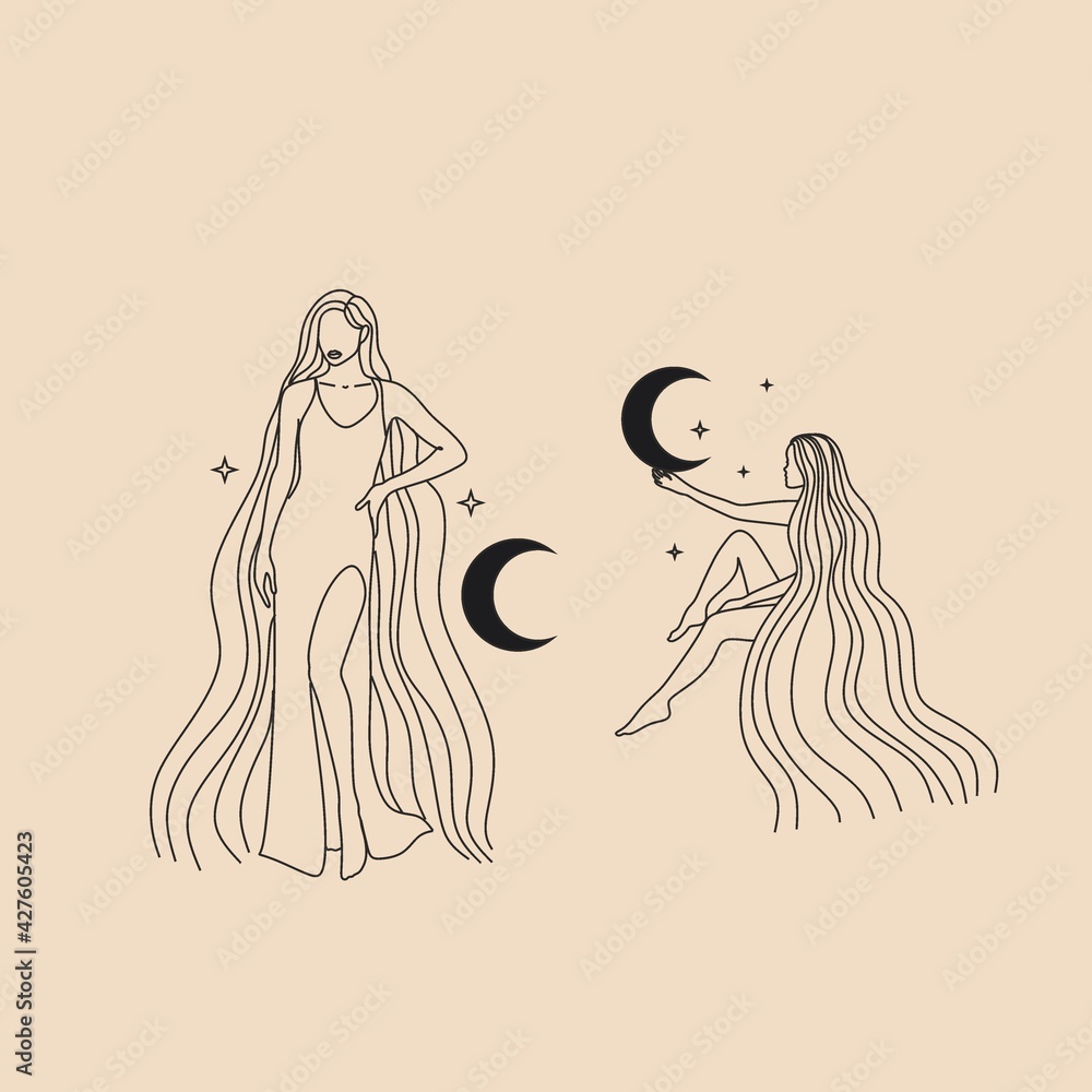 Cute girl with long hair sleeps on the moon. Romantic dreams with night sky and stars. Vector illustration of woman hugs the crescent moon. Modern witch concept. Design for tarot card cover, postcard. Cute girl with long hair sleeps on the moon. Romantic dreams with night sky and stars. Vector illustration of woman hugs the crescent moon. Modern witch concept. Design for tarot card cover, postcard.