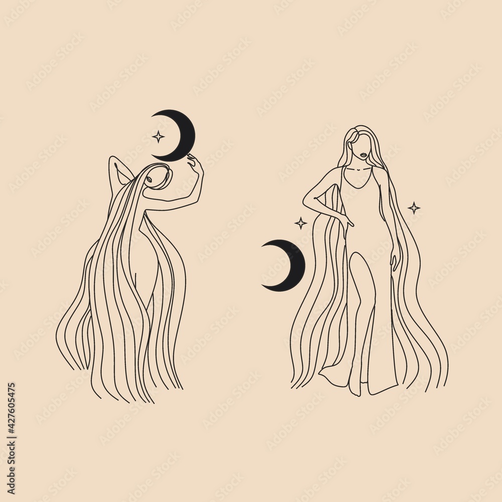 Cute girl with long hair sleeps on the moon. Romantic dreams with night sky and stars. Vector illustration of woman hugs the crescent moon. Modern witch concept. Design for tarot card cover, postcard. Cute girl with long hair sleeps on the moon. Romantic dreams with night sky and stars. Vector illustration of woman hugs the crescent moon. Modern witch concept. Design for tarot card cover, postcard.