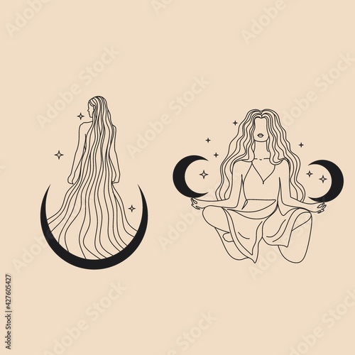 Cute girl with long hair sleeps on the moon. Romantic dreams with night sky and stars. Vector illustration of woman hugs the crescent moon. Modern witch concept. Design for tarot card cover, postcard.