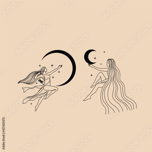 Cute girl with long hair sleeps on the moon. Romantic dreams with night sky and stars. Vector illustration of woman hugs the crescent moon. Modern witch concept. Design for tarot card cover, postcard.