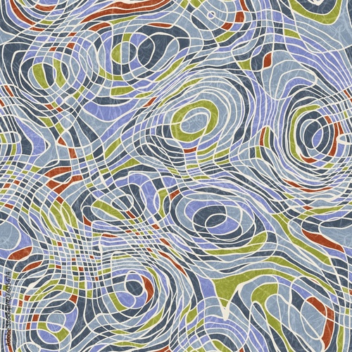 Seamless abstract line geo pattern for print. High quality illustration. Wavy lines resembling topographical maps overlaid and then filled for a modern attractive abstract textured surface design.