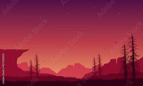 The truly beautiful panoramic view of the night sky with stunning natural scenery. Vector illustration