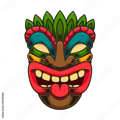 Illustration of tiki idol. Design element for logo, label, sign, poster. Vector illustration