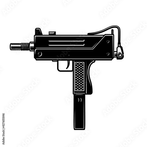 Illustration of automatic uzi handgun in monochrome style. Design element for logo, label, sign, poster. Vector illustration