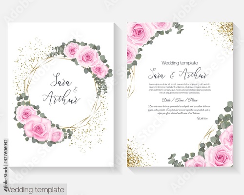 Wedding floral design for greeting card or invitation. Pink roses, eucalyptus, polygonal gold frame, green plants and leaves, sparkles.