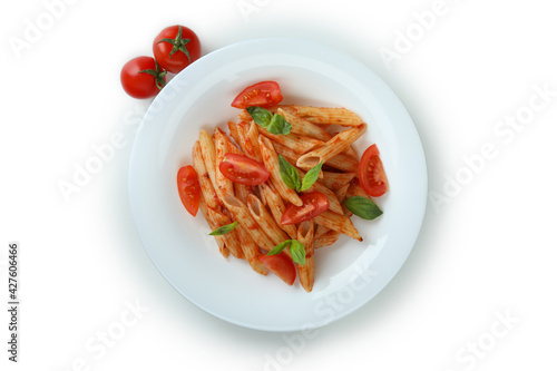 Plate with pasta with tomato sauce isolated on white background