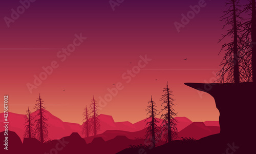 Peaceful night with amazing natural views from the outskirts of the city. Vector illustration