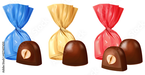 Set of chocolate candies with nut filling isolated on white background. Vector illustration.