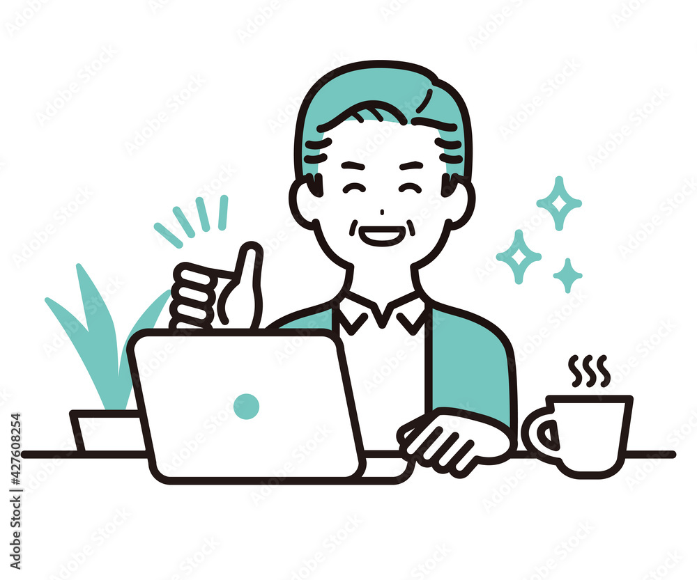 私服でパソコンで作業をしているビジネスパーソンのイラスト　中年の男性　笑顔