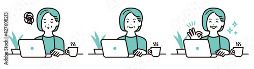 私服でパソコンで作業をしているビジネスパーソンのイラスト　中年の女性　表情のセット