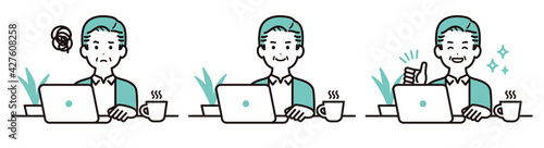 私服でパソコンで作業をしているビジネスパーソンのイラスト　中年の男性　表情のセット