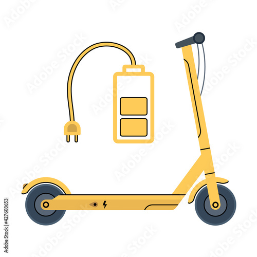 Electric scooter. Battery charge indicator. Eco-friendly transport for walking and delivery. Vector illustration in flat style on white isolated background.