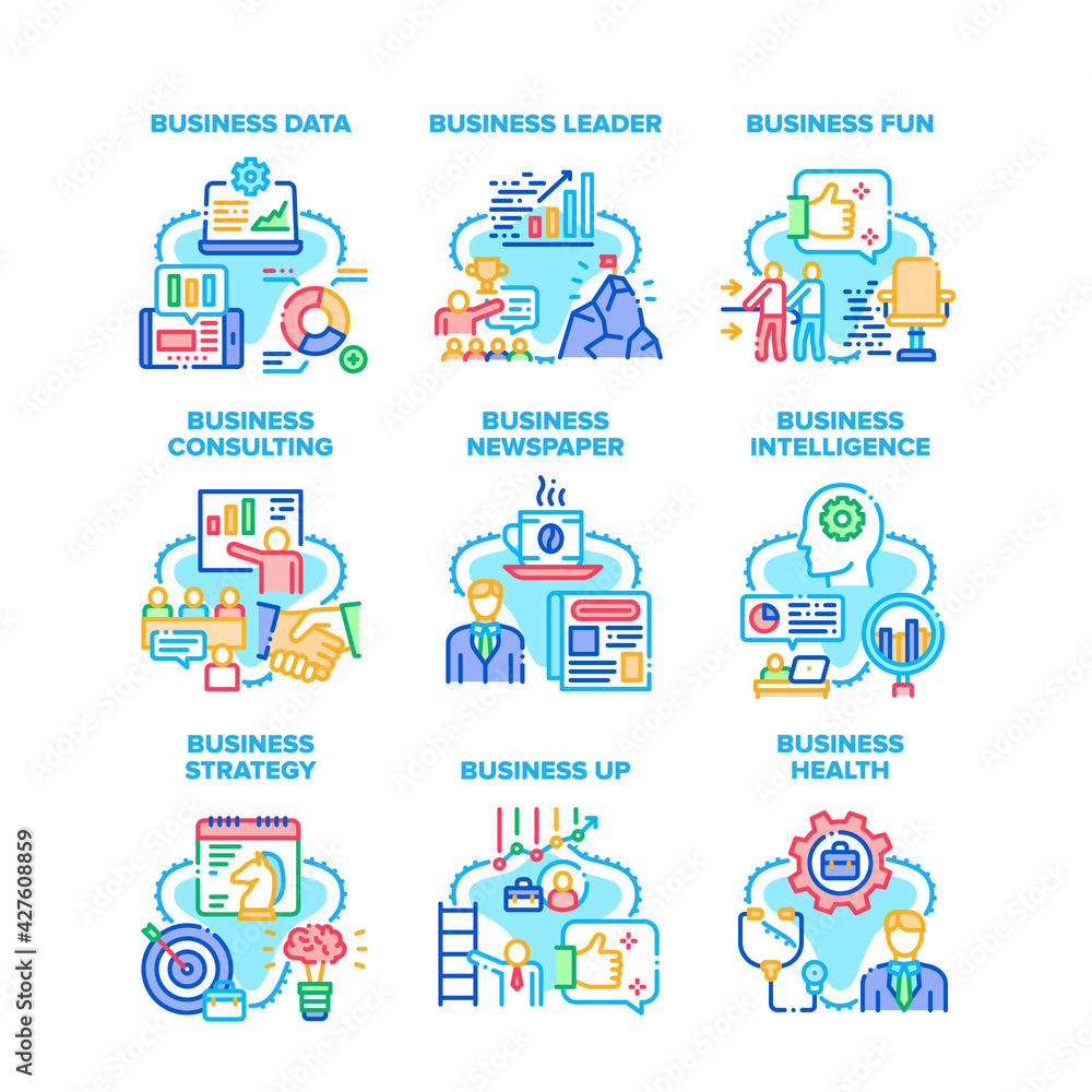 Business Strategy Set Icons Vector Illustrations. Business Data And Health, Leader Consulting And Presentation, Intelligence And Newspaper Reading News, Fun Time And Relaxation Color Illustrations Business Strategy Set Icons Vector Illustrations. Business Data And Health, Leader Consulting And Presentation, Intelligence And Newspaper Reading News, Fun Time And Relaxation Color Illustrations