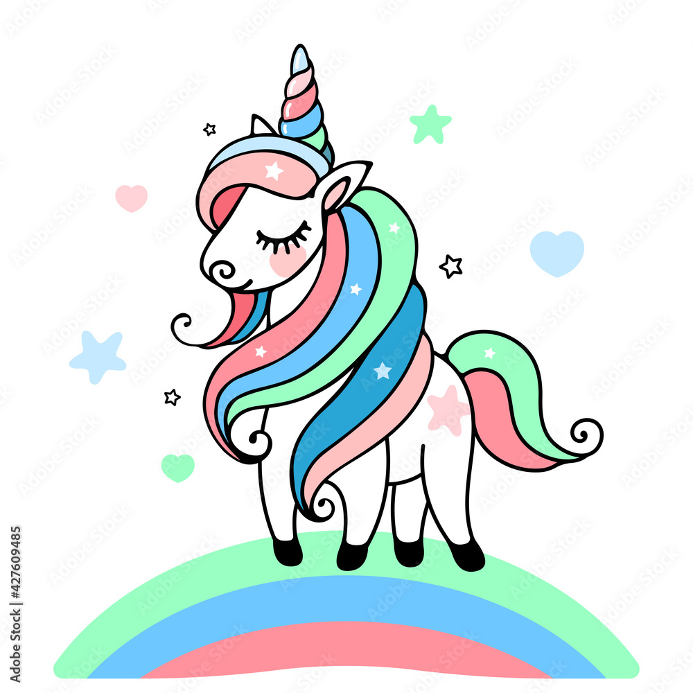 Vector illustration of a cute magical baby unicorn, standing on the rainbow, colored curly mane and tail, around the stars and hearts on a white background Vector illustration of a cute magical baby unicorn, standing on the rainbow, colored curly mane and tail, around the stars and hearts on a white background