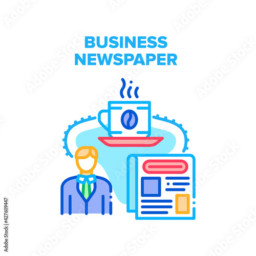 Business Newspaper Reading Vector Icon Concept. Business Newspaper Reading News Businessman And Drinking Hot Energy Beverage Coffee. Man Drink Espresso Read Press Articles Color Illustration