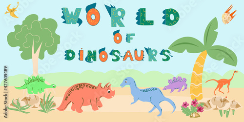 Dinosaur world banner with text and different dinosaurs.