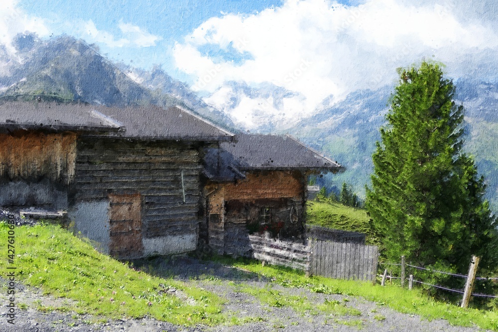 Oil painting canvas of austrian tirol Farmland in high Tauern mountain range.