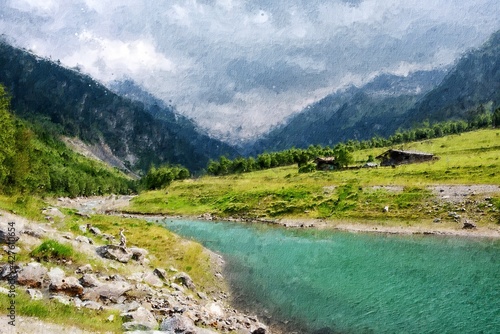 Oil painting canvas of Gerlos river in Zillertal Austria. Summer time. Stream flowing through valley.