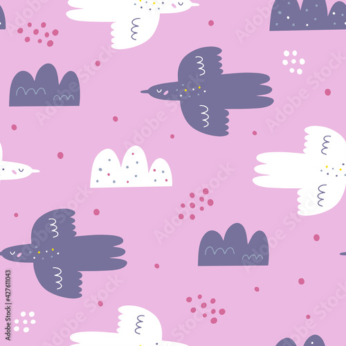 Seamless pattern with birds and clouds. Creative kids texture for fabric, wra...