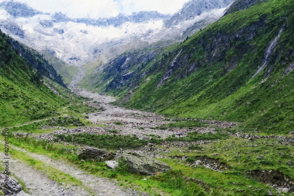 Naklejka premium Oil painting canvas of High Tauern hiking path within Zillertal Alps in Austria.
