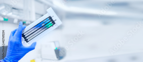 Obraz na płótnie next generation sequencing flow cell. genetic engineering, genetic modification, designer baby and cloning concept. cancer screening and medical technology and therapy. banner with copy space w salonie