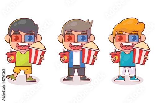 Happy cute little kid boy watch movie Premium Vector
